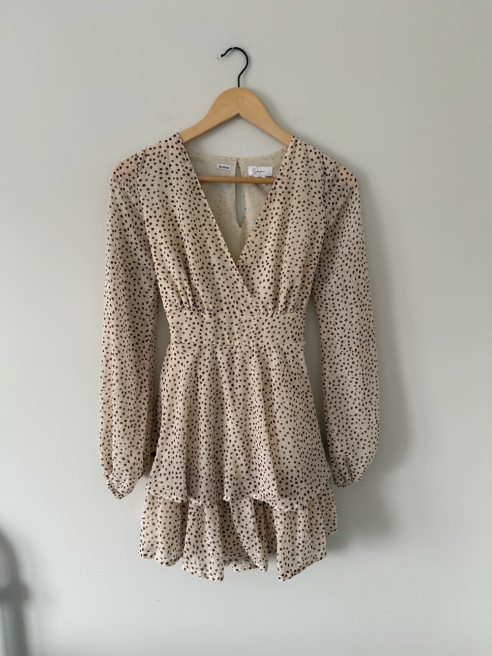 Cream Polka Dot Long Sleeve Wrap Mini Dress (size XS)